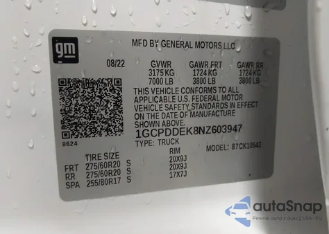 2022 Chevrolet Silverado 1500 4Wd Standard Bed Lt z USA, uszkodzony, nr VIN 1GCPDDEK8NZ603947